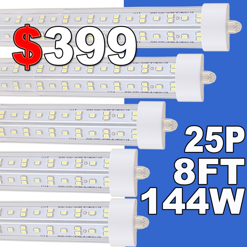 8FT T8 LED Tube Light Bulbs FA8 Single Pin 144W 8 Foot LED Shop Lights 25 Pack