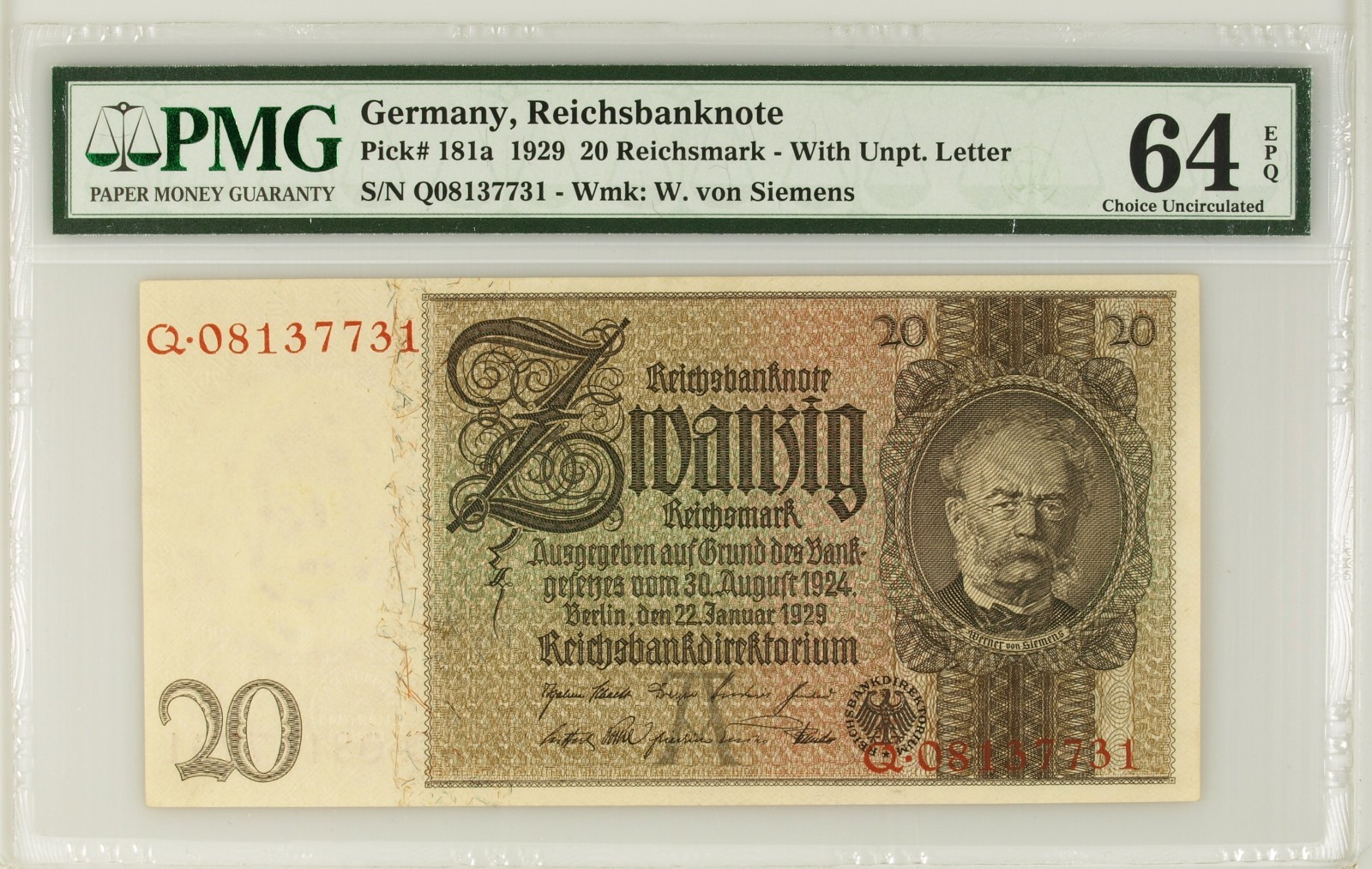1929 Germany Reichsbanknote 20 Reichsmark PMG 64 ONLY 15 EXIST By PMG 64 P#181a