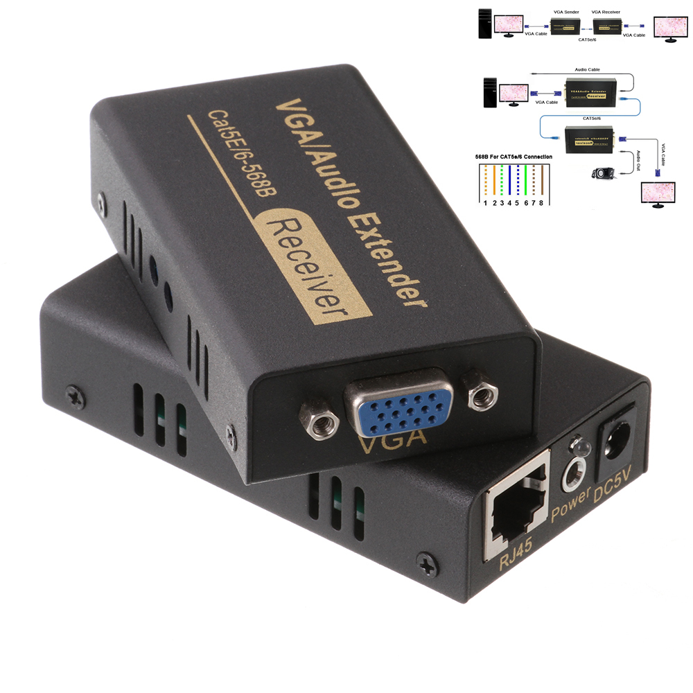 100M 1080P Audio Video Extender VGA Over Single RJ45 CAT5e/6 Sender Receiver NEW