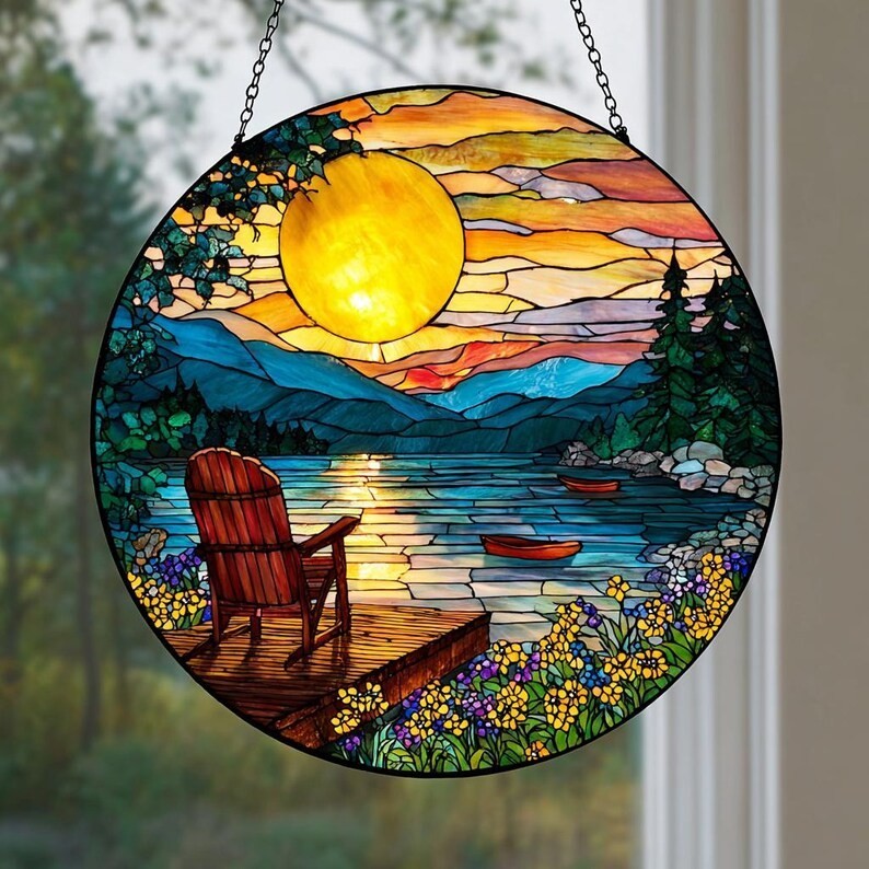 Lake View Canoe Stained Glass Look suncatcher glass Window Hanging Art Decor
