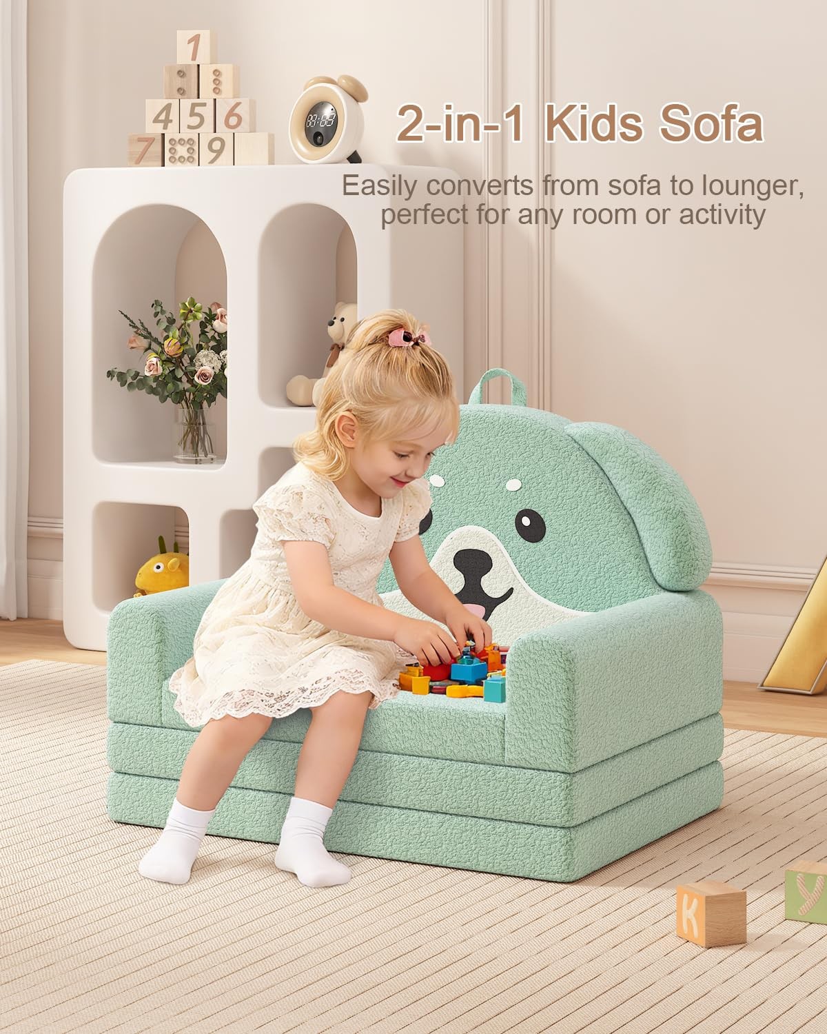 2-in-1 Kids Couch, Soft Toddler Couch Fold Out for Girl and Boys, Dog Design ...