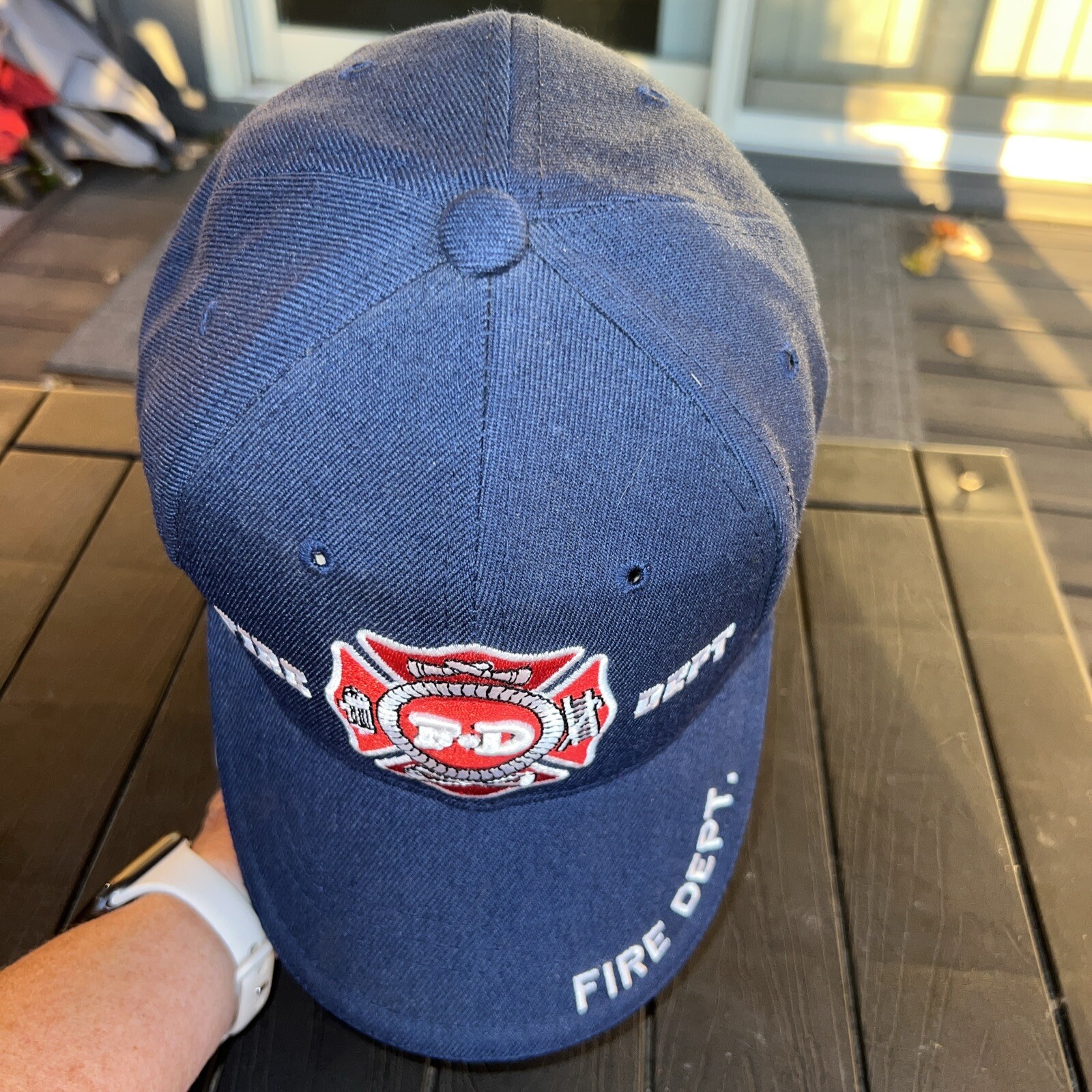 FD Fire Dept Red White logo Patch on Navy Hat Cap Hook Loop Fire Dept on Bill