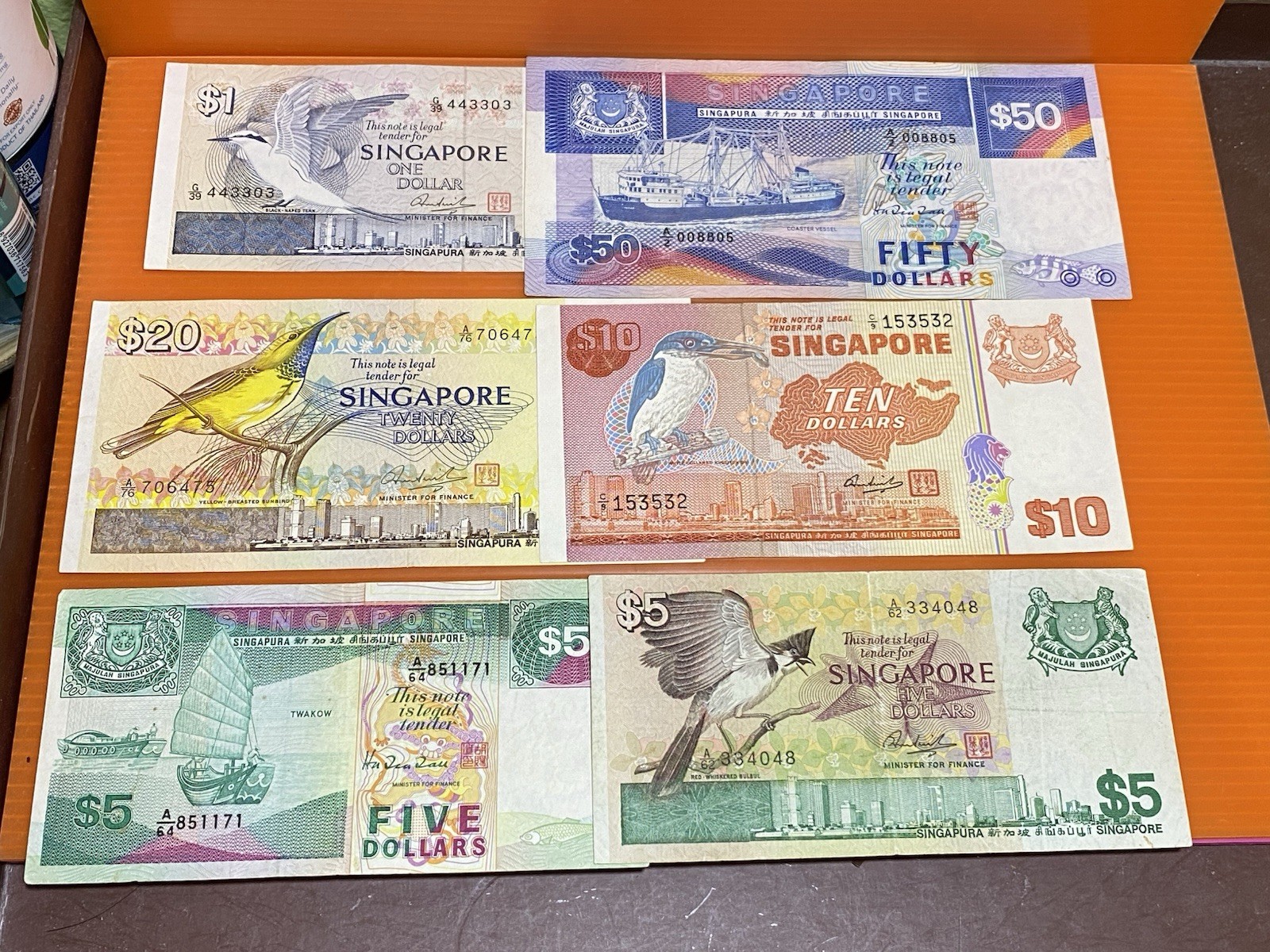 Singapore Early Group Of 6 Banknotes Use Conditions $50,20,10,5,1 Free Shipping.
