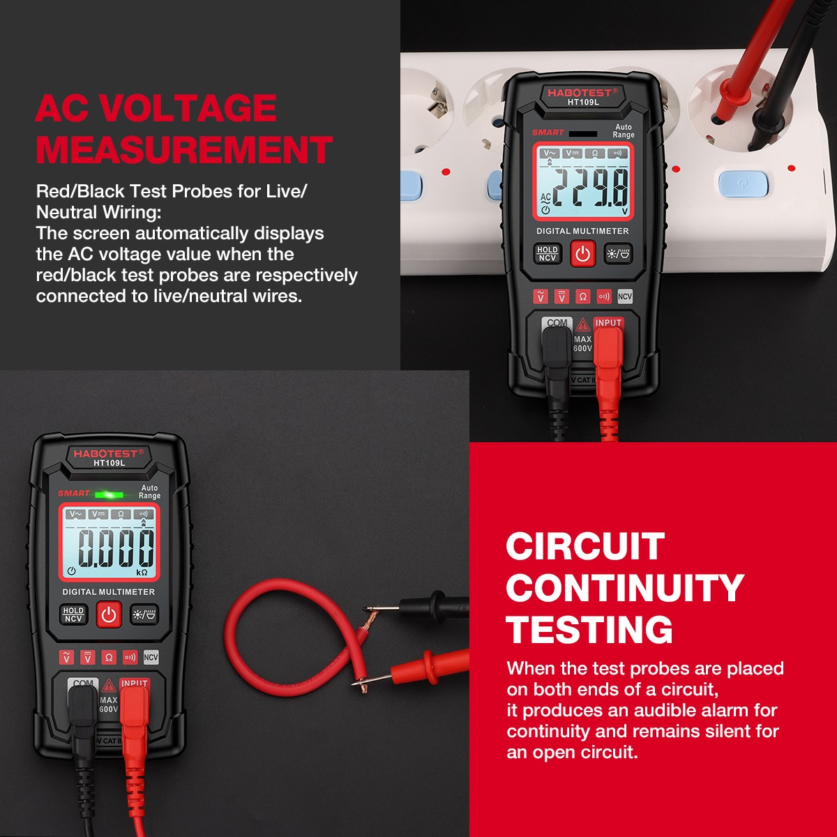 2Pcs HABOTEST HT109L Handheld NCV Digital Multimeter AC DC Voltmeter Ohmmeter