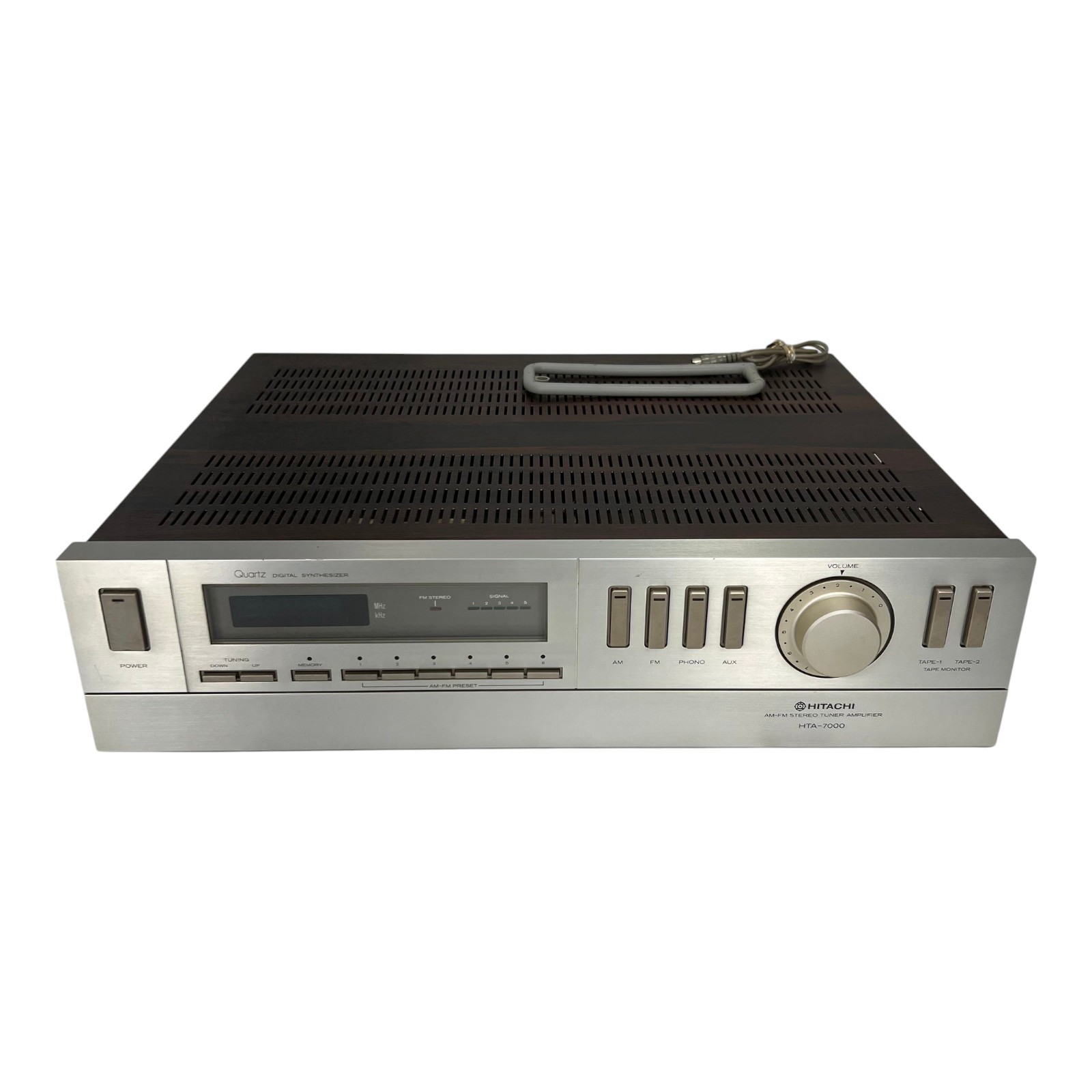 Vtg Hitachi HTA-7000 Stereo Tuner Receiver Amp Silver Face Woodgrain Tested Flaw