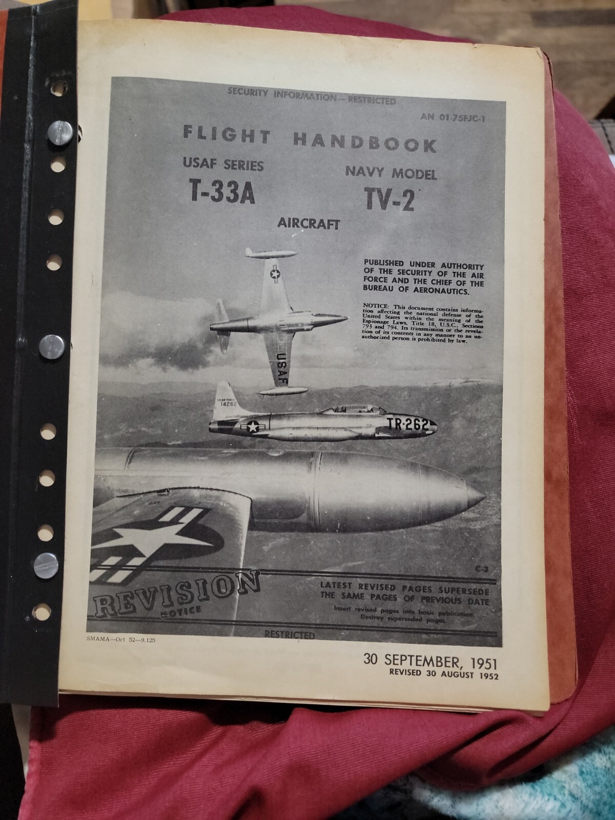 Lockheed USAF Series T-33A Navy Model TV-2 Flight Handbook Original