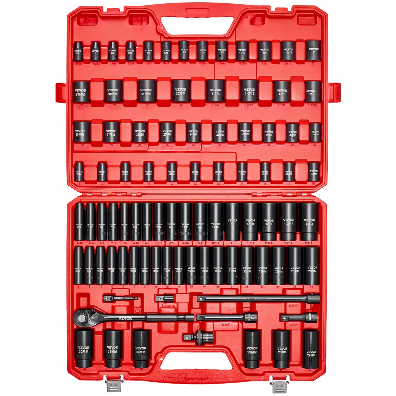 VEVOR 1/2 in Drive Impact Socket Set 91 Pcs SAE 5/16 to 1-1/4 in Metric 8-32 mm
