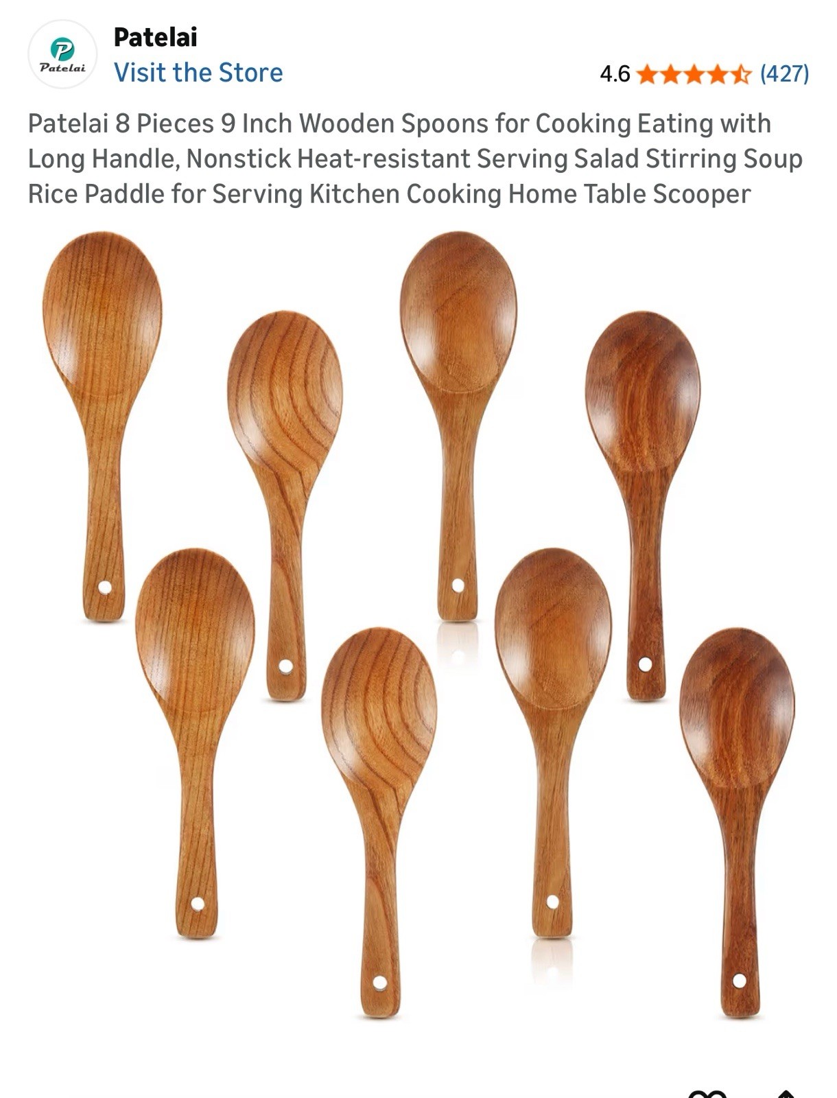 8 Pieces 9 Inch Wooden Spoons for Cooking Eating with Long Handle, Nonstick Heat