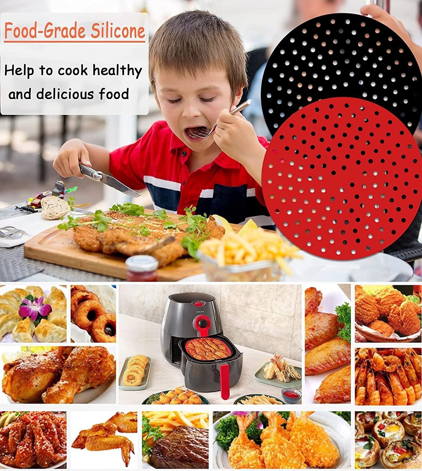Reusable Air Fryer Silicone Liners 2-Packs, 8 Inch Round 8 inch, Black/Red