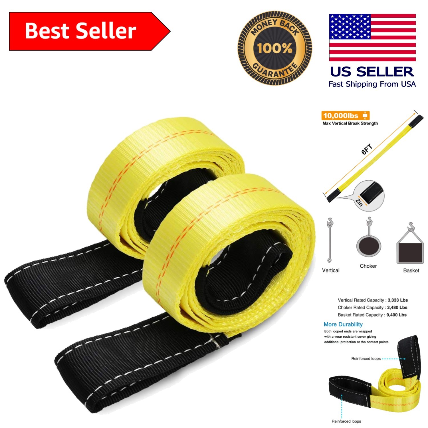 2 Pack 6ft Polyester Recovery Straps – 10,000lbs Break Strength for Safe Lifting
