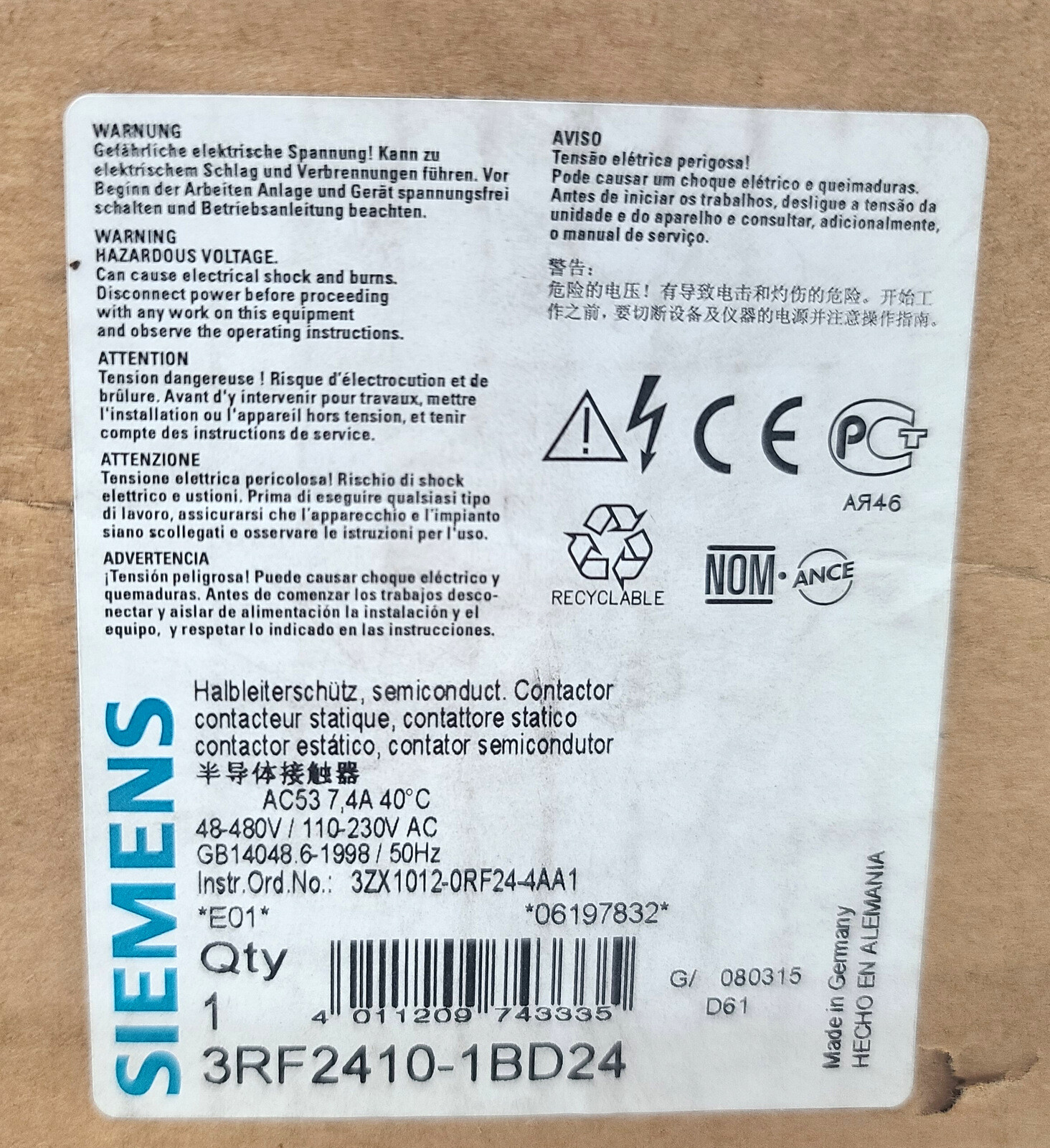 NEW Siemens 3RF2410-1BD24 Solid State Contactor ~ New In Box ~ 24VDC