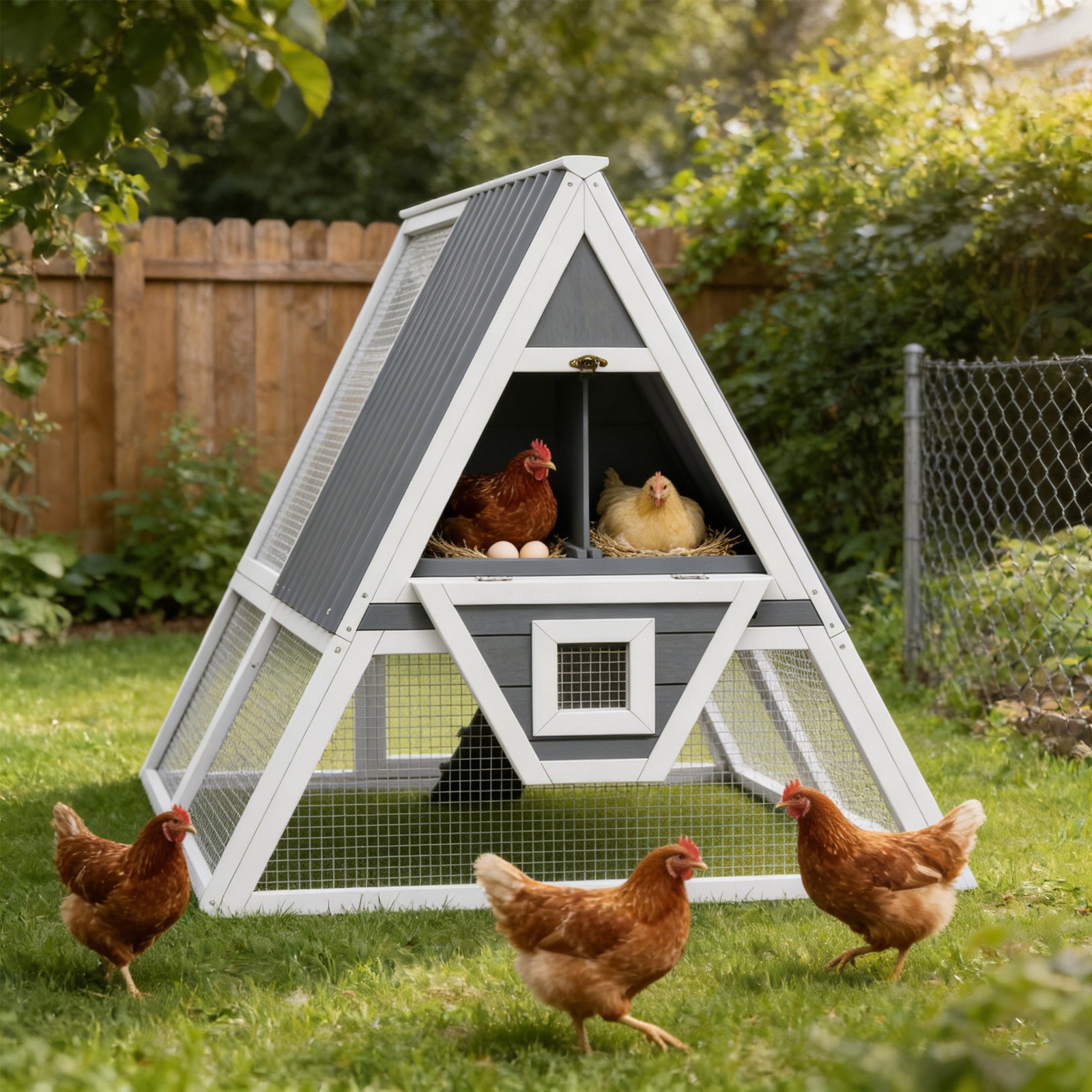 Large Weatherproof Triangular Chicken Coop with Nesting Box & Tray