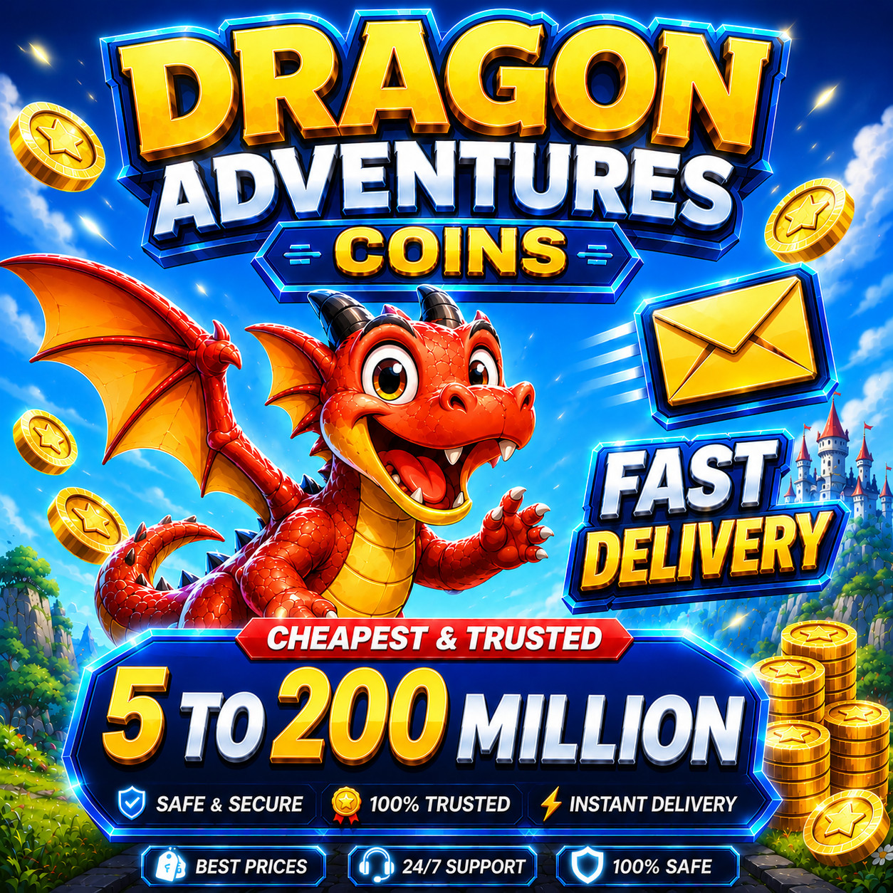 DRAGON ADVENTURES COINS 05 to 200 MILLION COINS ✅INSTANT DELIVERY🔜