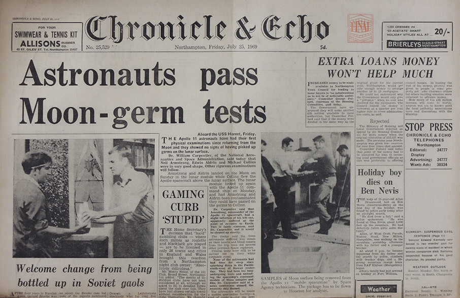 NORTHAMPTON CHRONICLE & ECHO NEWSPAPER 25 JULY 1969 . MAN ON THE MOON APOLLO 11