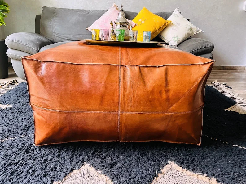 Large Unstuffed Moroccan Leather Pouf Premium Boho Footrest Genuine Ottoman 30''