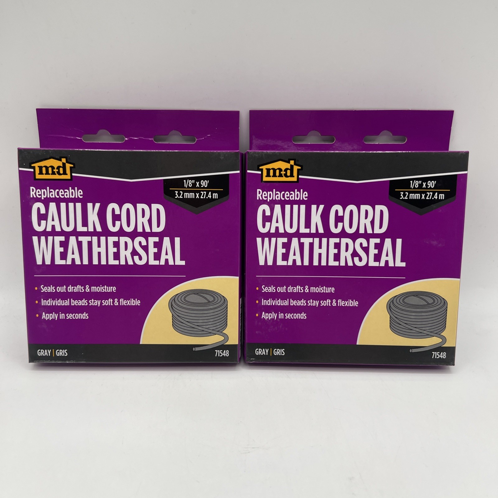 MD Building Products Replaceable Caulk Cord Weatherseal Gray  1/8"X90' 2 Pack