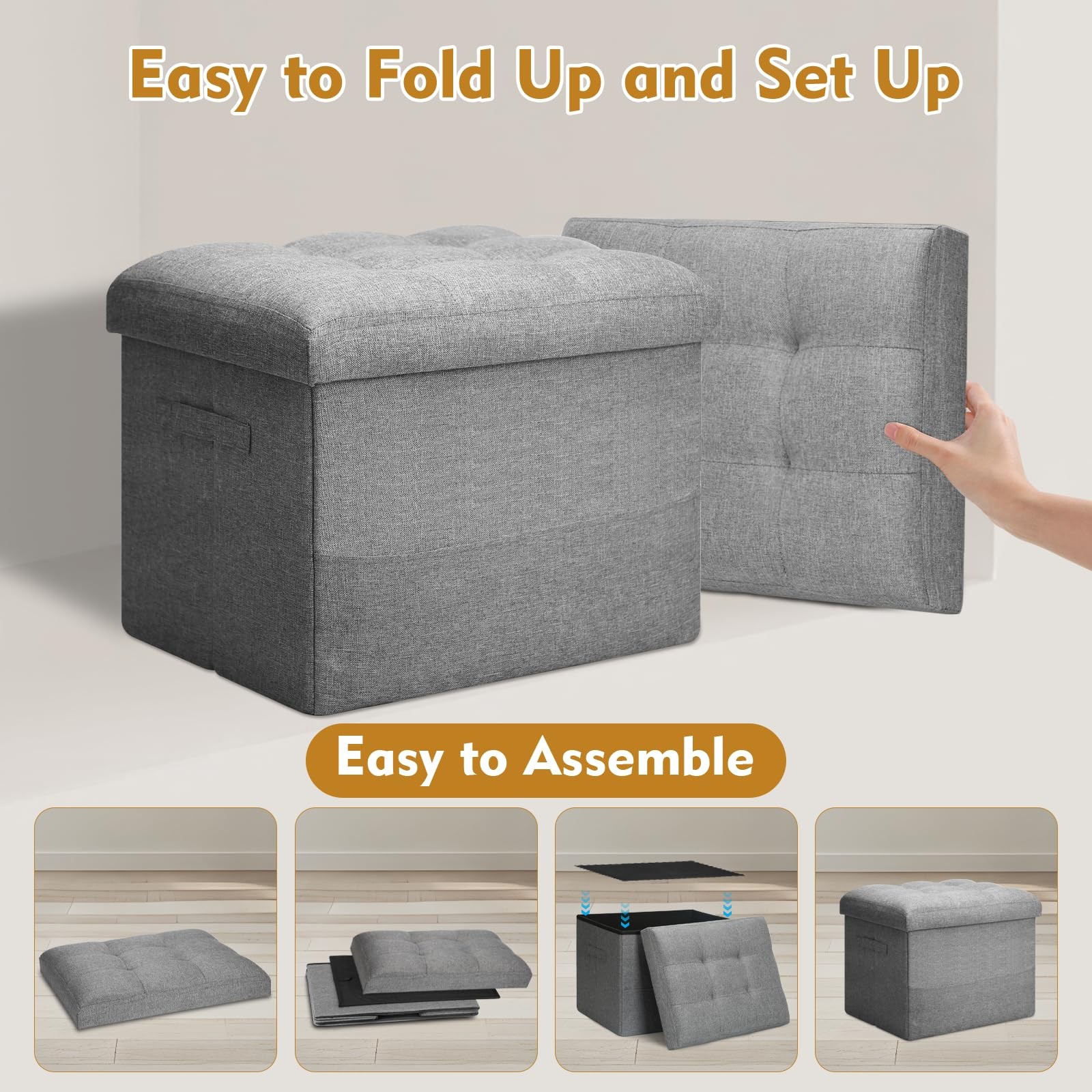 Storage Ottoman Foot Rest, Folding Linen Foot Stool with Thicker Foam Padded ...