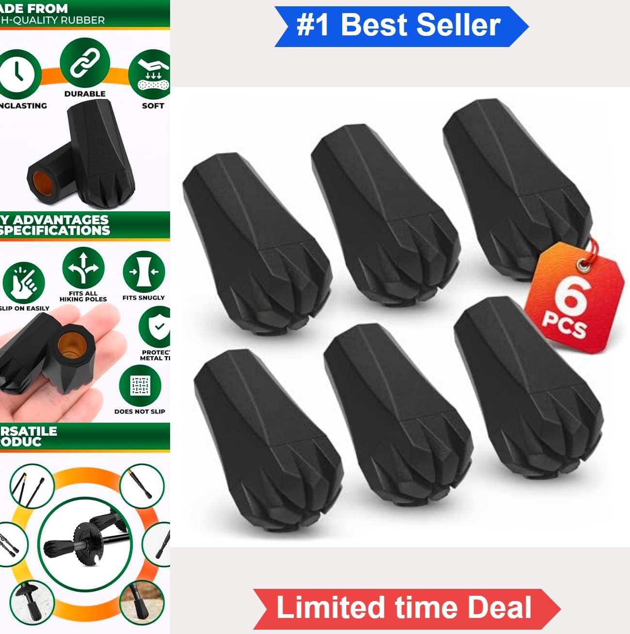 6 Rubber Tips for Hiking Poles Cane Tips Replacement Slip-Resistant Grip
