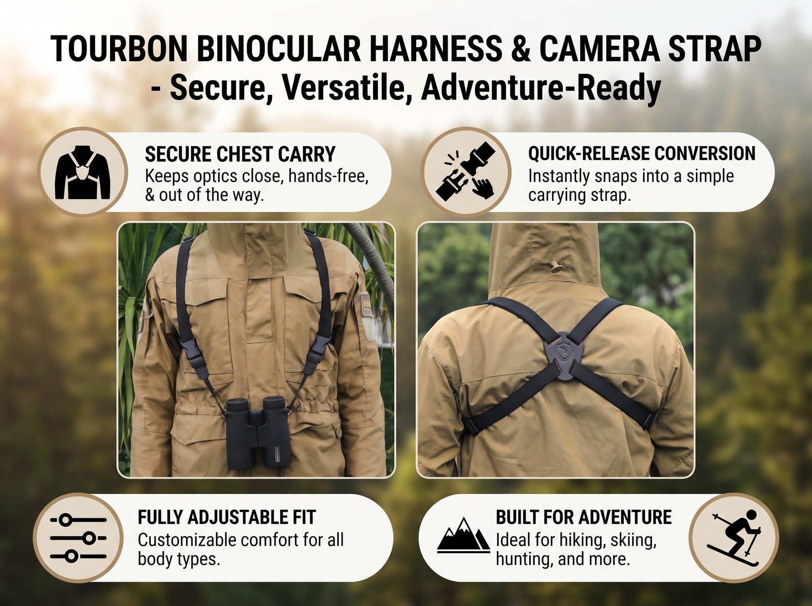 TOURBON Binocular Harness Camera Strap Quick Release Elastic Optic Chest Hunting