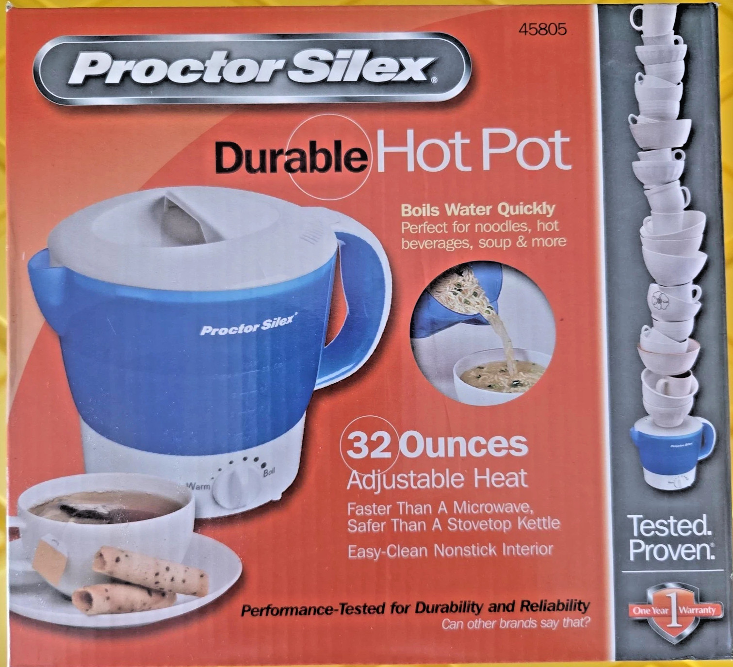 NEW Proctor Silex Durable Hot Pot 32oz 650W Adjustable Heat Nonstick White/Blue