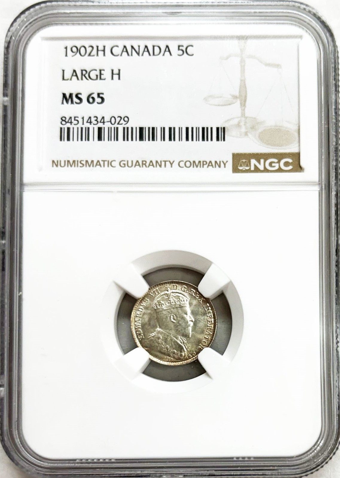 1902 H SILVER CANADA 5 CENTS KING EDWARD VII LARGE H COIN ICCS MINT STATE 65