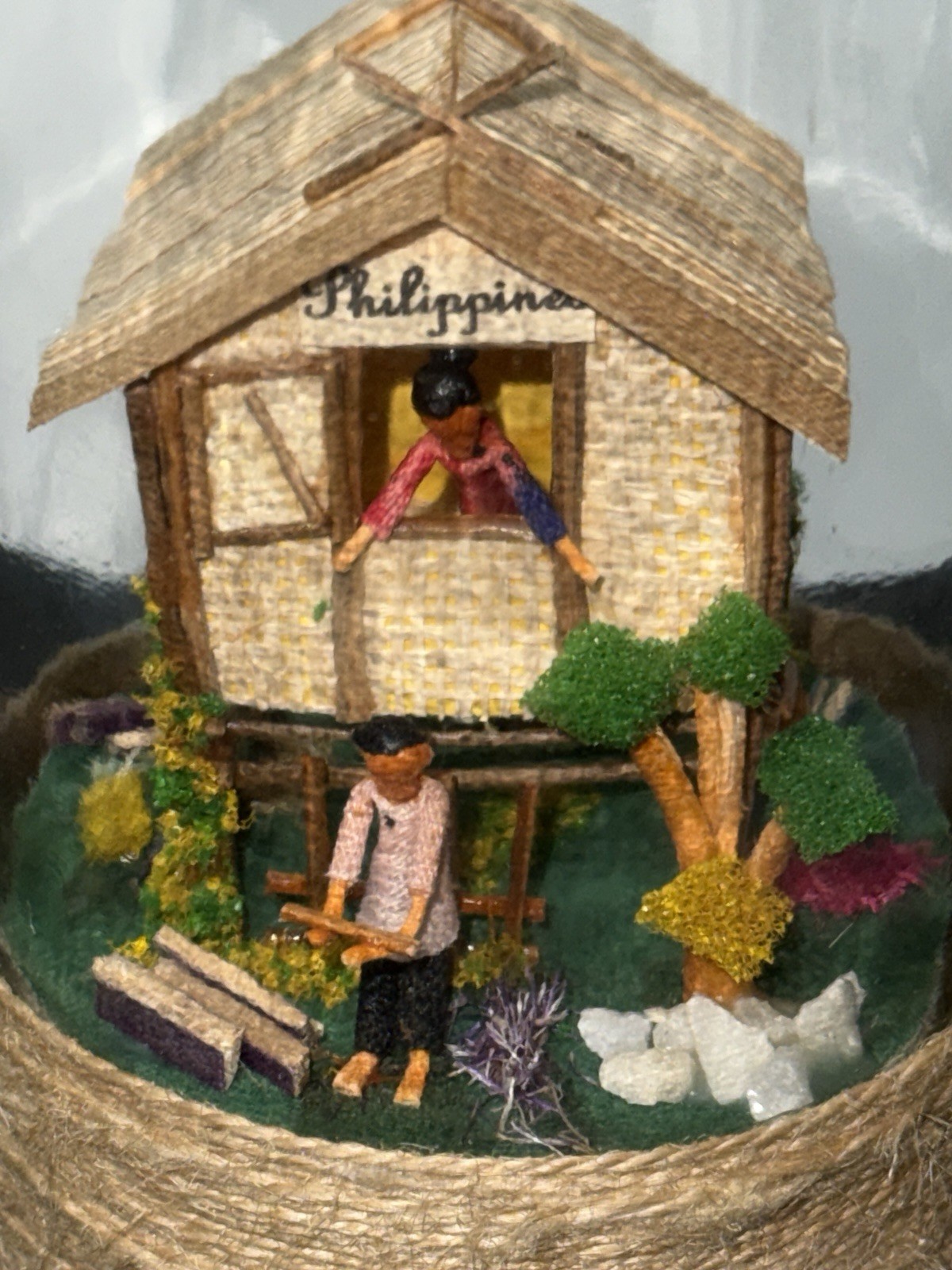 Vintage Handmade Philippines Diorama in Glass Bottle Detailed Tropical Hut Scene