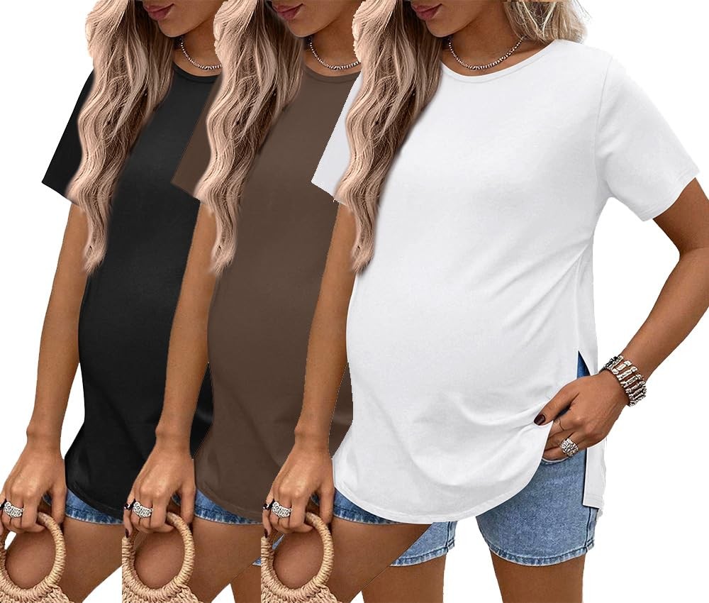 3 Pack Maternity Shirts Short Sleeve Split Side Pregnancy Tops Casual Pregnan...