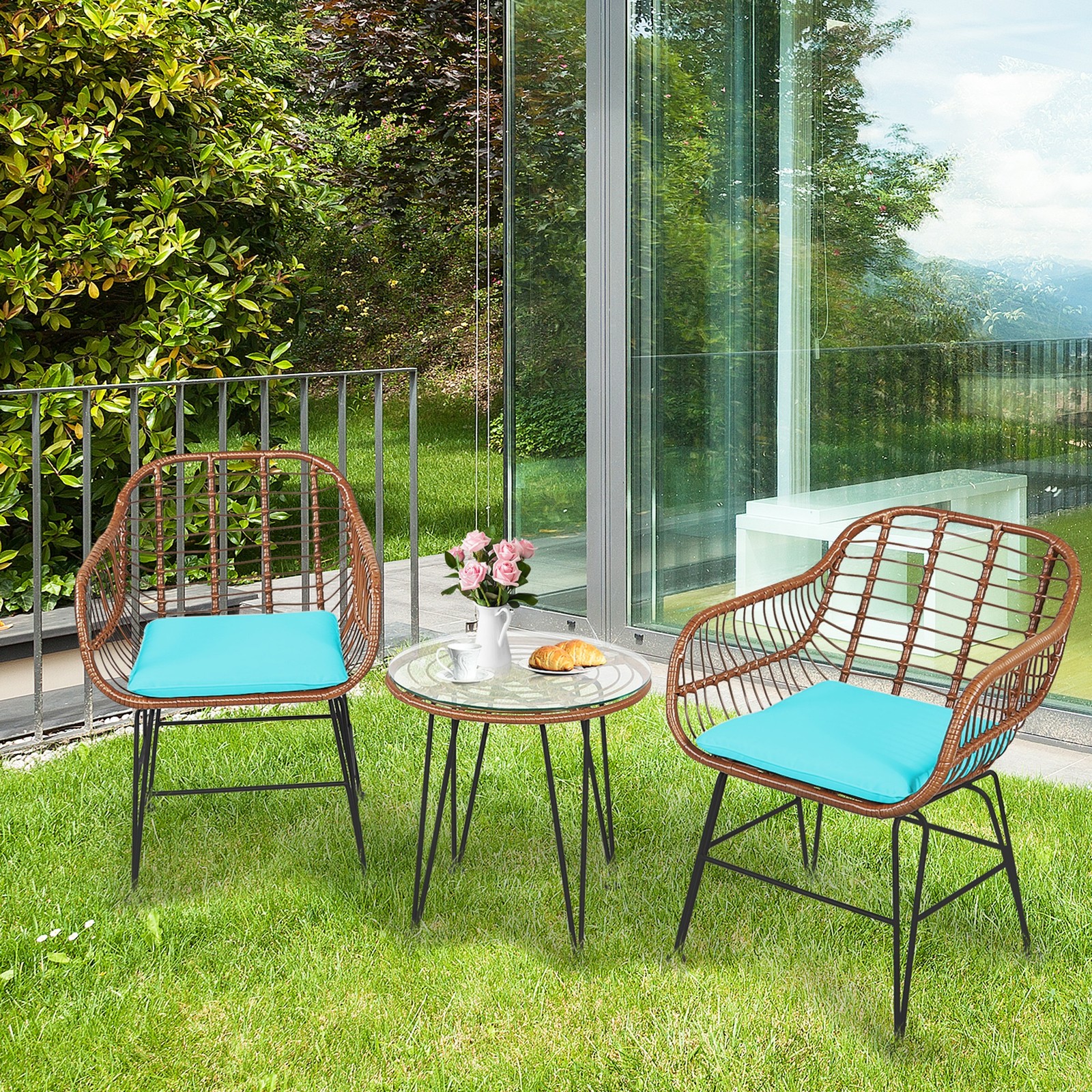 3PCS Rattan Patio Conversation Set Bistro Chat Set w/ Turquoise Cushions