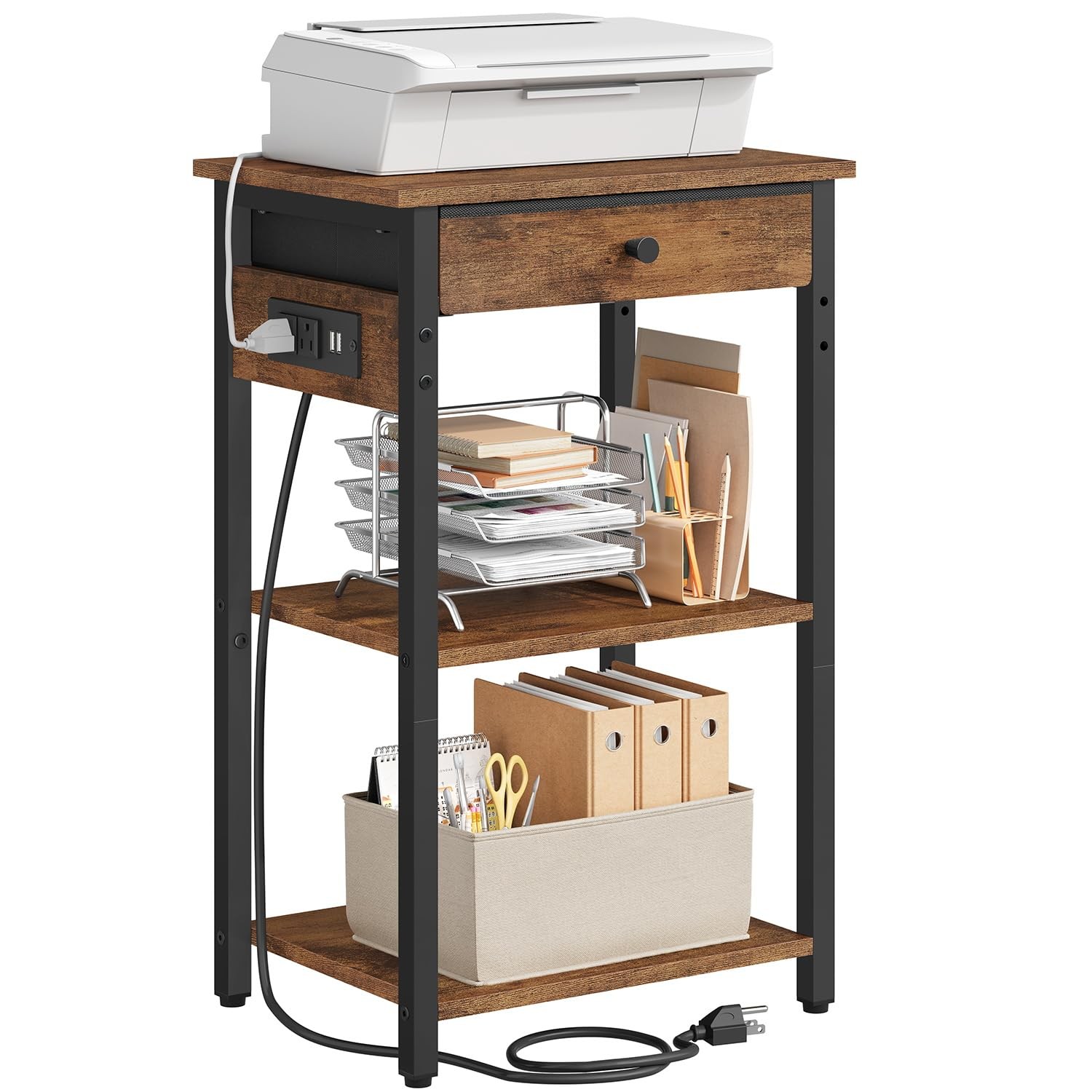 Printer Stand with Power Outlets, 3-Tier Under 3 layer & CS, Rustic Brown