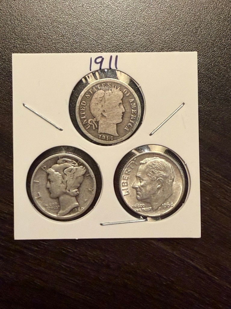Silver Dime Type Set of 3 coins: 1911 Barber, Mercury and Roosevelt