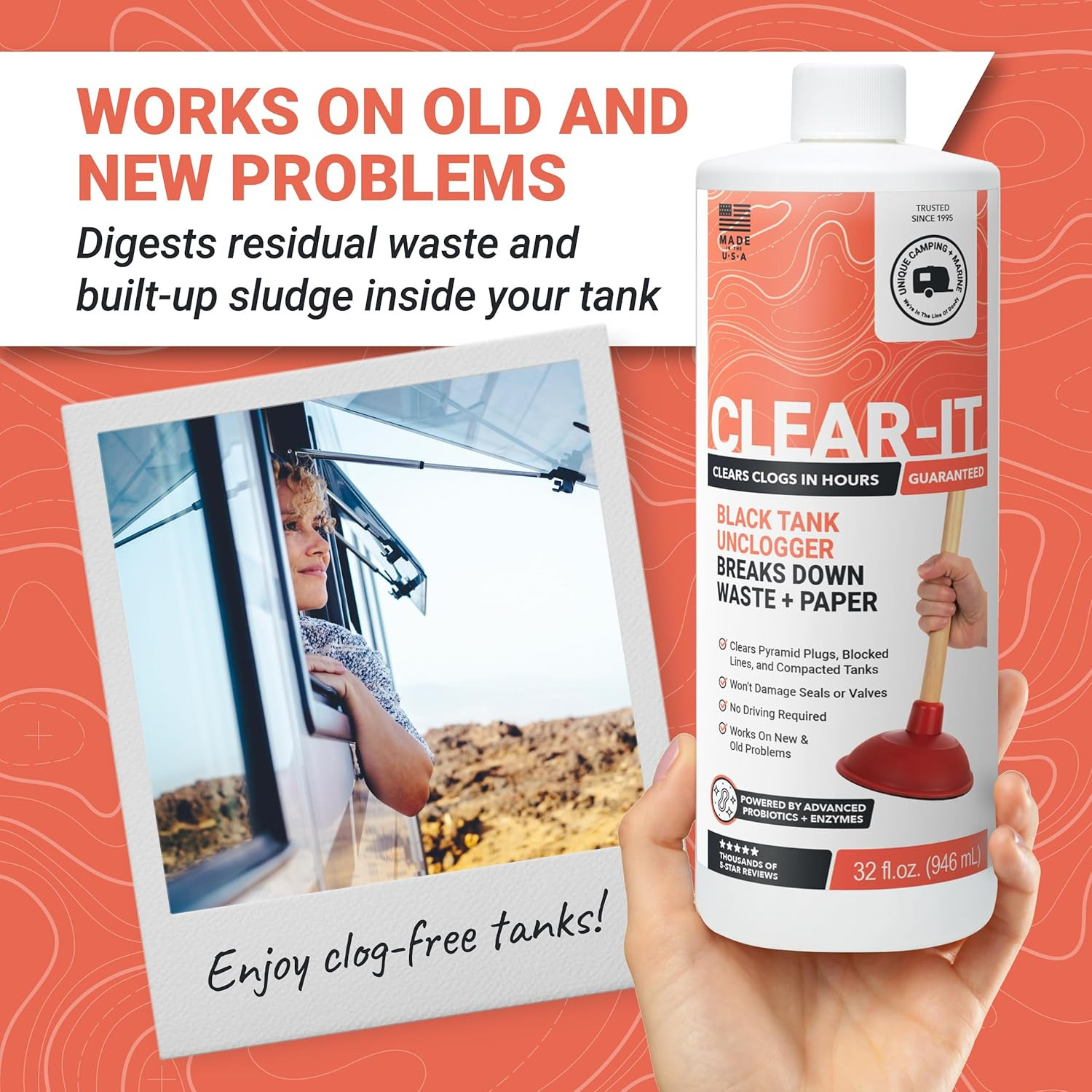 Clear-It RV Black Tank Unclogger Liquid - Breaks through Pyramid Plugs, Compacte