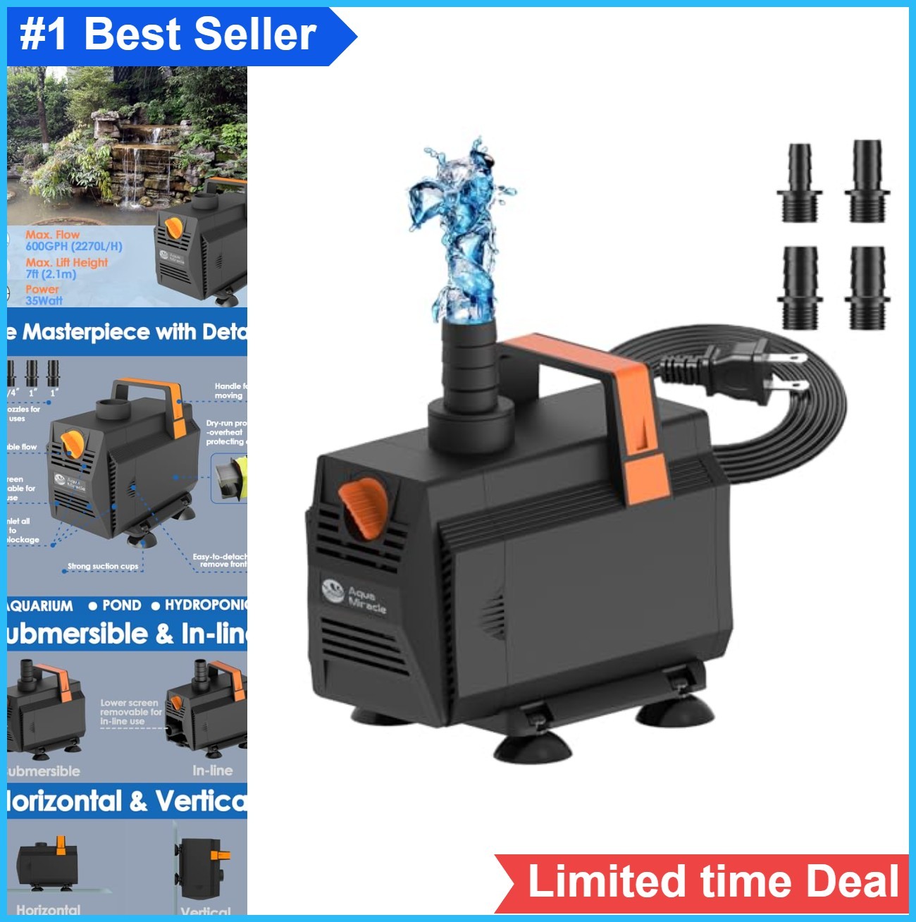 Submersible Water Pump 600GPH 2270L/H 35W Pond Fountain Aquarium Flow Control