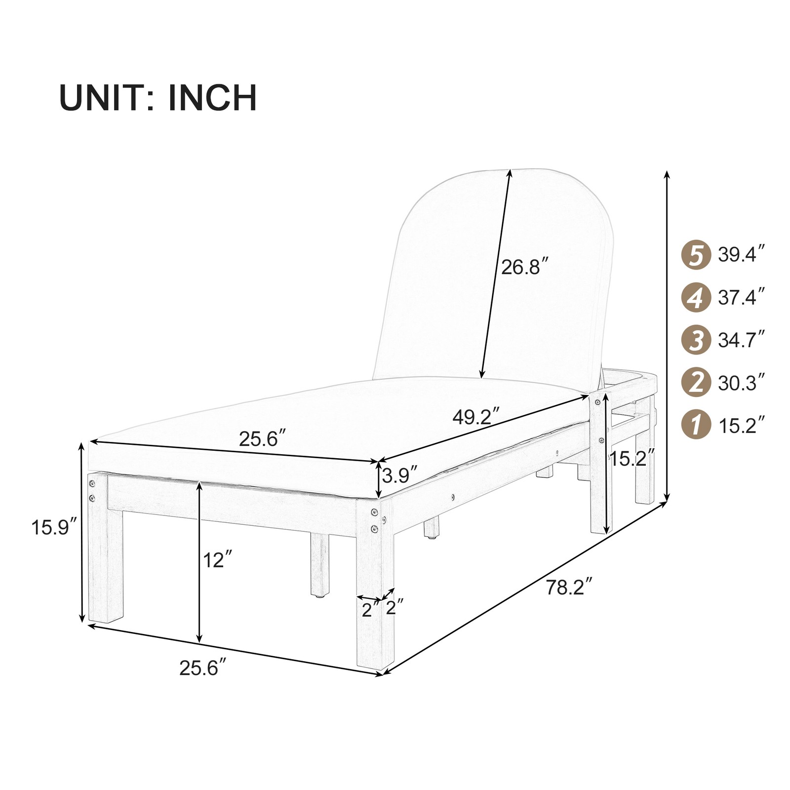 Patio Chaise Lounge Chair 2-Pack, Acacia Wood, Adjustable Backrest, Gray Cushion