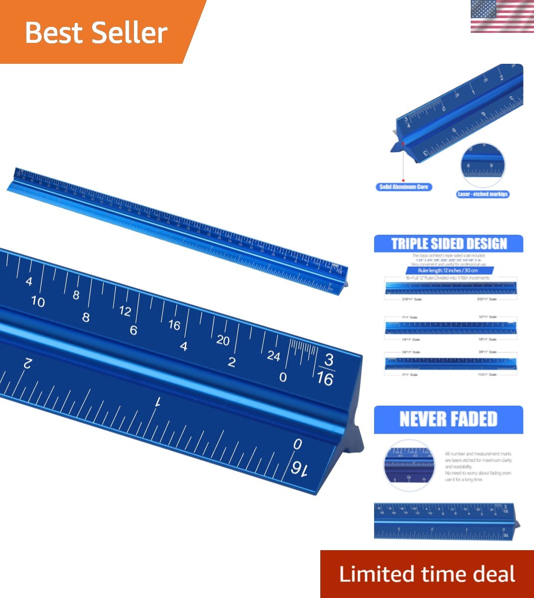 Professional 12" Architectural Scale Ruler - Durable Aluminum & Laser Etched