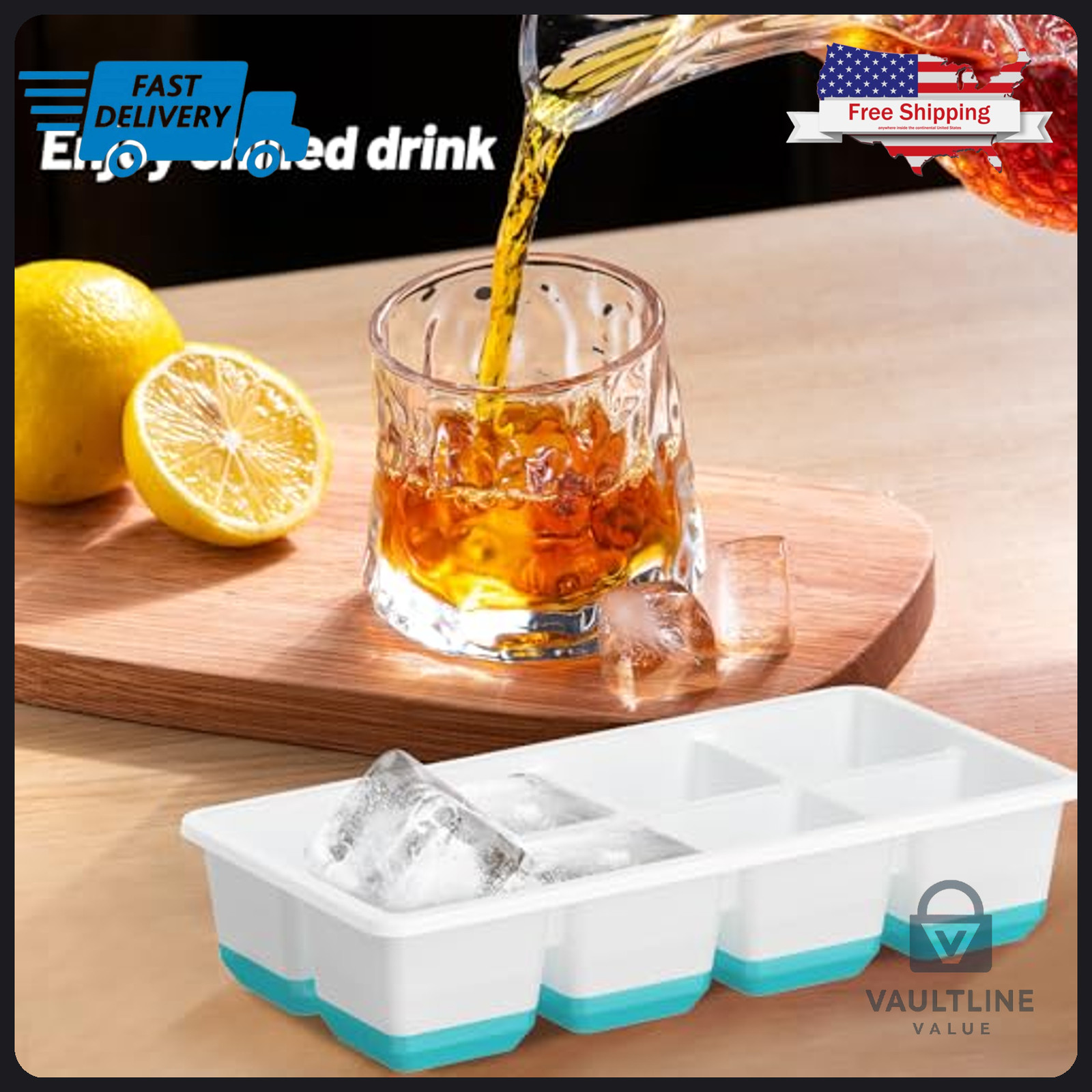 2 Pack VEHHE Silicone Ice Cube Trays with Lids - Large Square Mold - Blue