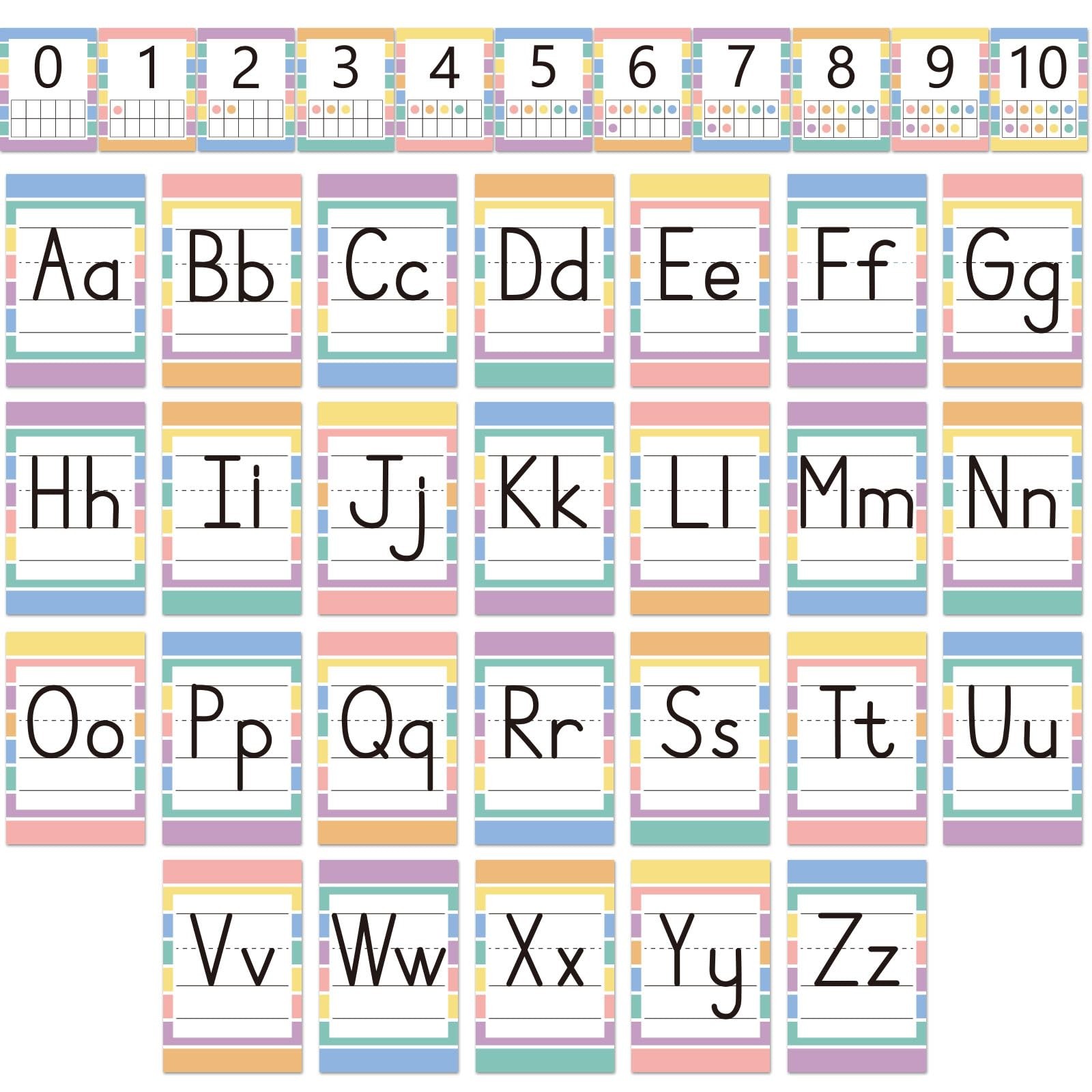 37 PCS Pastel Colors Stripes Classroom Alphabet Number Educational Poster Car...