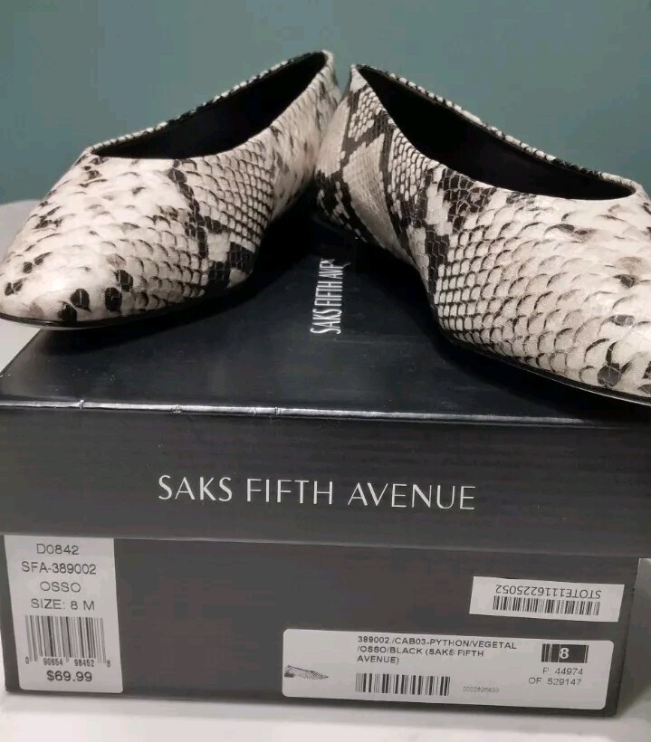 Saks Fifth Avenue Women's Embossed Python Black White Flats Size 8
