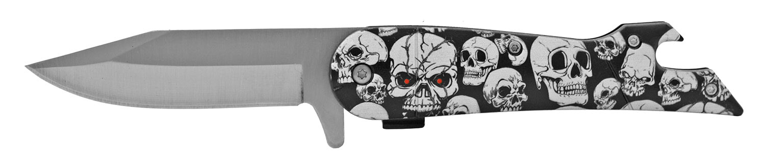 Death's Head Skulls Assisted Opening Leg Pocket Knife - Bottle Opener