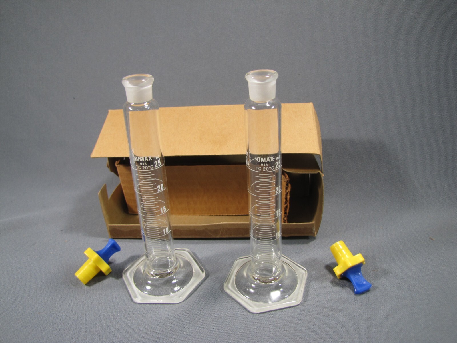 Pair of unused KIMAX 25mL Glass Graduated Cylinders & stoppers in original box