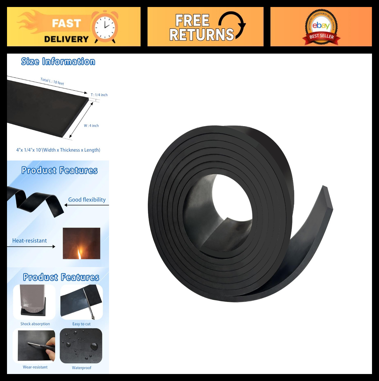 Solid Rubber Strip 1/4" Thick x 4" Wide x 10' Long - Anti-Slip, Vibration, DIY C