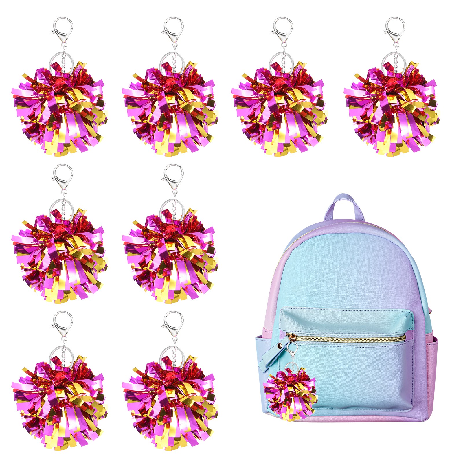 20 Pcs Pom Pom Keychain Cheerleading Gift Charm Keyring, Rose Red/Gold Tone
