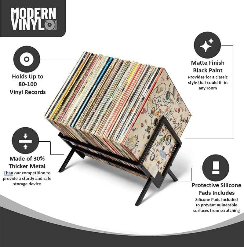 MODERN VINYL Record Holder - Matte Black Metal - 80-100 LP Storage - Simple,