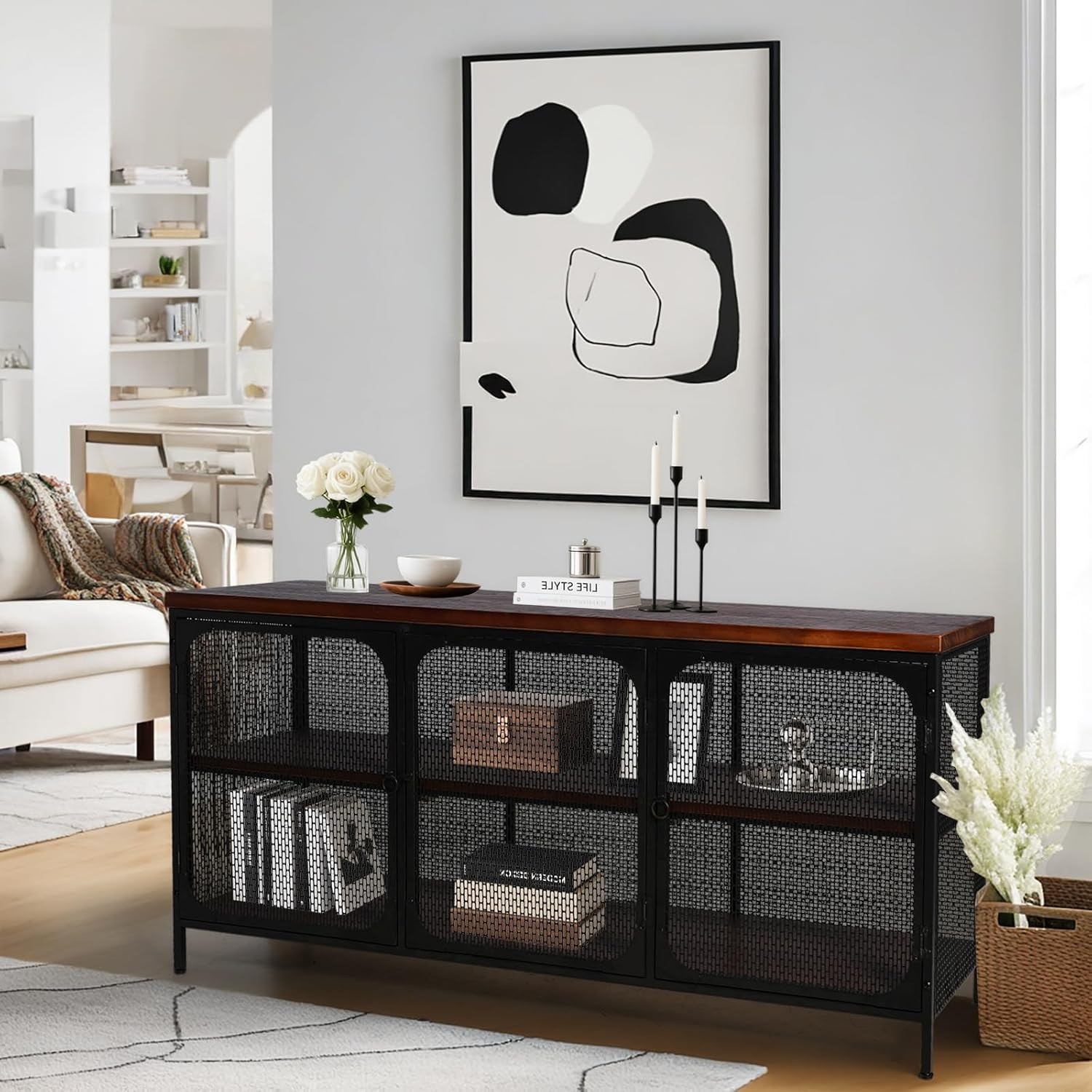 Industrial Stora Console Cabinet with Solid Wood , Bla Metal Mesh
