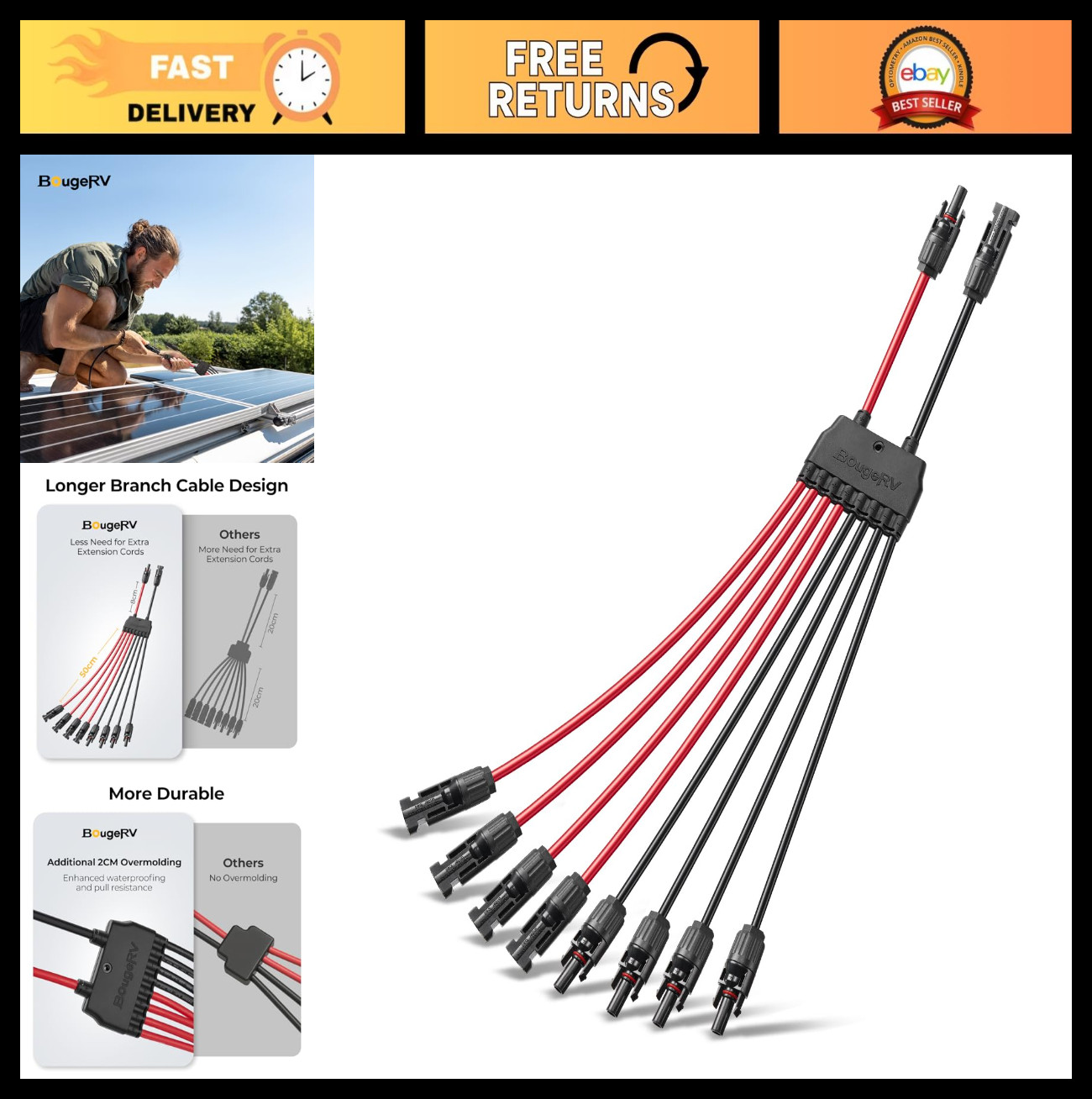 Solar Panel Parallel Connectors Y Branch 10AWG Splitter Cable for 2-4 Panels, Wa