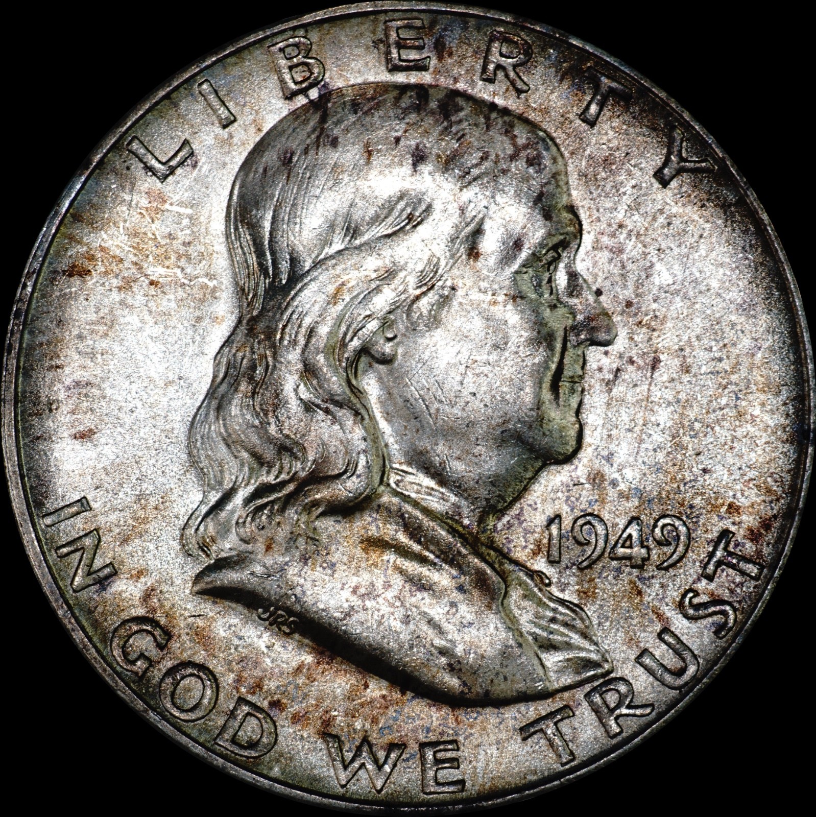 1949-S Franklin Half Dollar Silver, Toned GEM with Character, As Shown  221