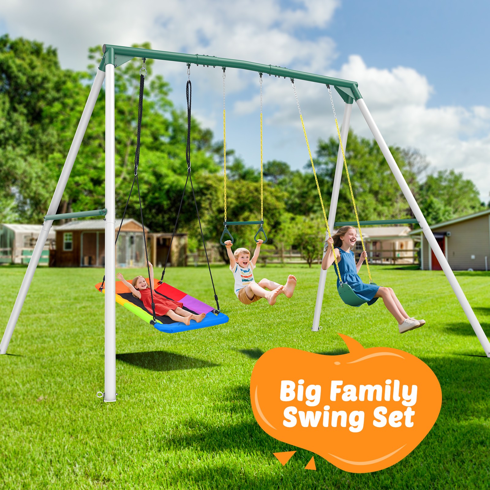 Hapfan 700lb 9.5' Tall Heavy Duty Metal Swing Set with 3 Swings Outdoor Swingset