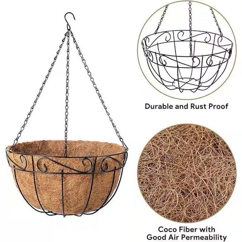 Large 12 In. Dia Black Metal Hanging Basket with Coco Liner (2-Pack)