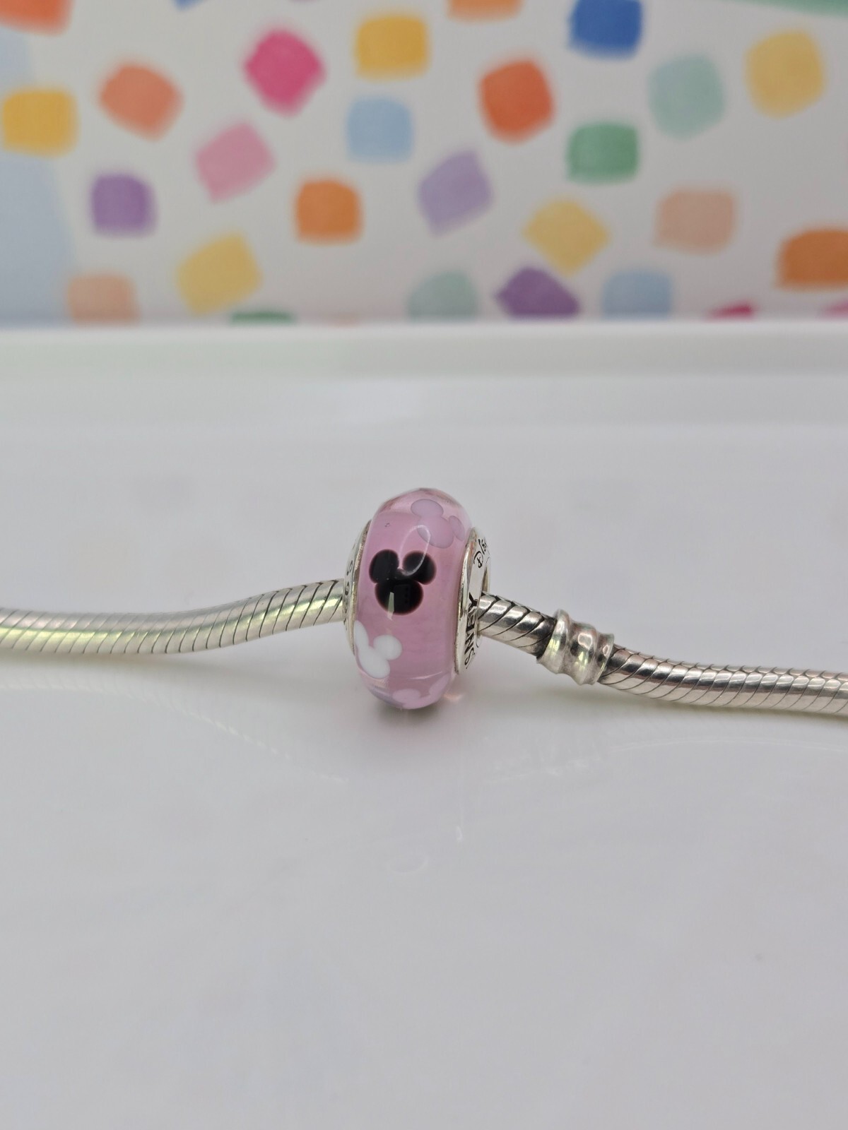 Authentic Pandora Disney Mickey Mouse Parks Pink Icon Murano glass Silver Charm