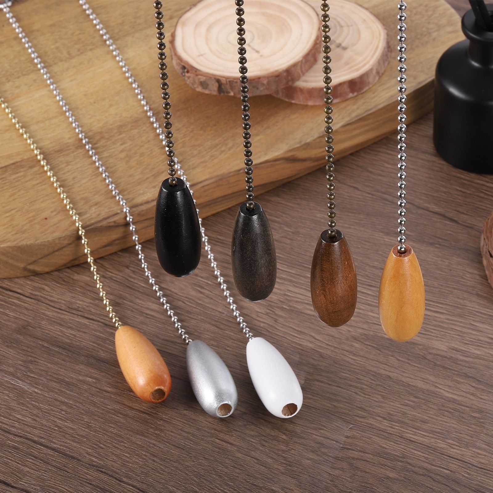 Wooden Ceiling Fan Pull Chain, 4Pcs 12" Pendant Extension Chains, Black, Silver