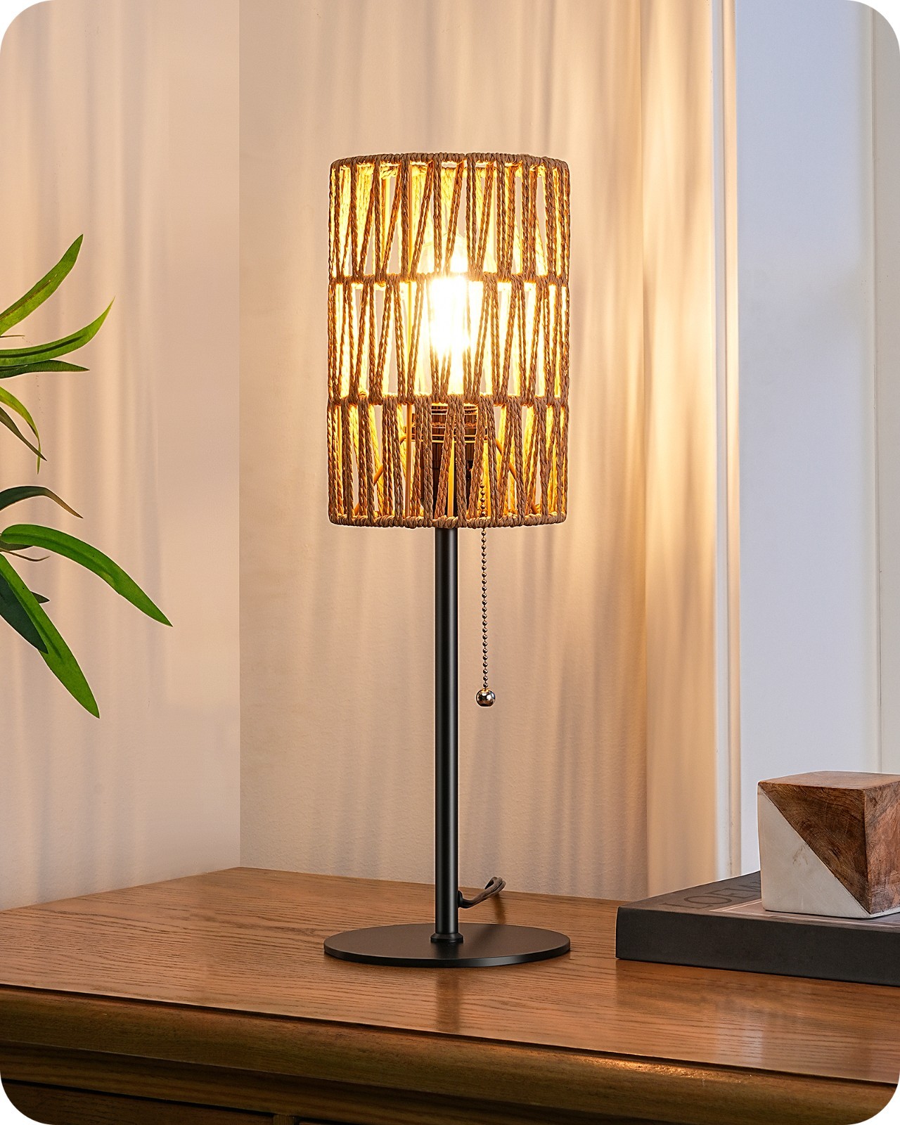EDISHINE Rattan Table Lamp, Boho Nightstand Lamp with Pull Chain, E26 Socket